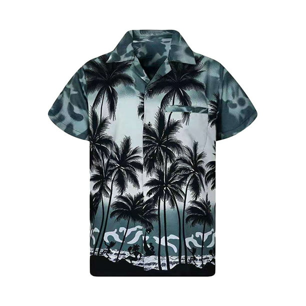 Men Summer Hawaiian Coconut Tree Print Beach Short Sleeve Breathable Hawaii Shirts 